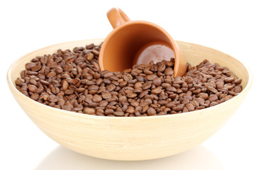 Coffee beans in bamboo bowl with cup isolated on white