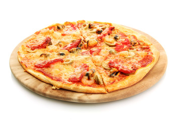 tasty pizza on the cutting board isolated on white