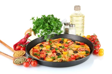 Fototapeten colorful composition of delicious pizza, vegetables and spices © Africa Studio