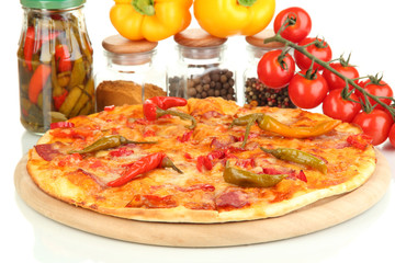 Tasty pepperoni pizza with vegetables on wooden board close-up