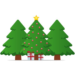 christmas trees gift box and gold star