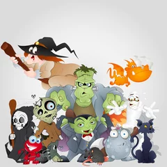 Photo sur Aluminium Créatures Halloween Monsters Family - Diable, chat, sorcière et plus