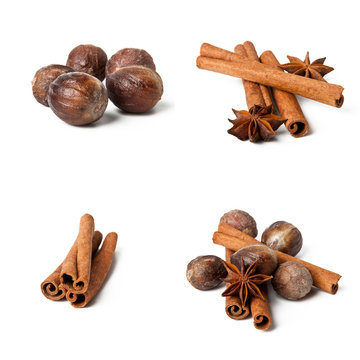 Cinnamon, anise, nutmeg, and cloves isolated on white background