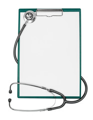 medical clipboard with blank paper sheet and stethoscope