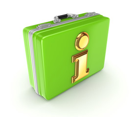 Golden info symbol on a green suitcase.