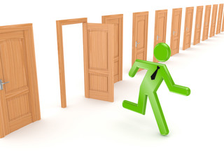 3d small person running through opened door.