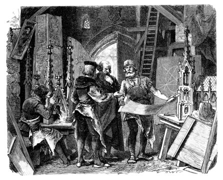 Medieval scene : Gothic Cathedral Builders