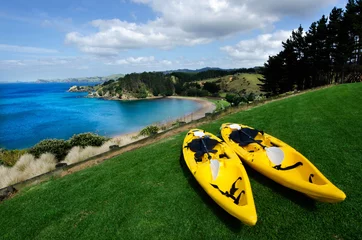 Tableaux ronds sur aluminium Nouvelle-Zélande Pair of twin yellow kayaks