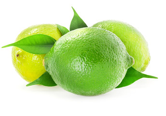 Fresh limes with leaves, Isolated on white background