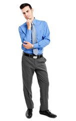 Doubtful businessman isolated on white