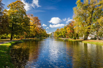 Reflection of the autumn park on the river - obrazy, fototapety, plakaty