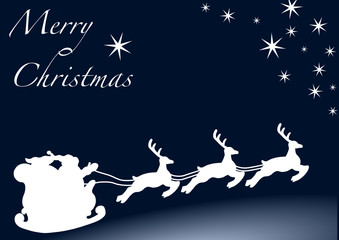 Fototapeta na wymiar Santa Sleigh with Reindeers White on Blue with Stars and Text