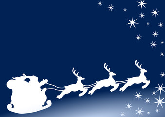 Obraz na płótnie Canvas Santa Sleigh with Reindeers White on Blue with Stars