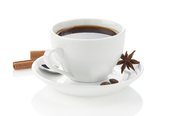 coffee with spices and beans on white