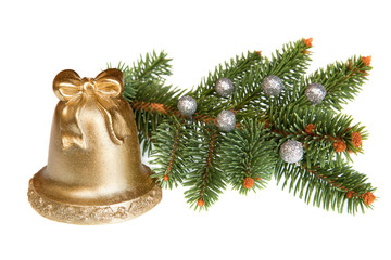 Isolated Golden Christmas Bell with Green Pine