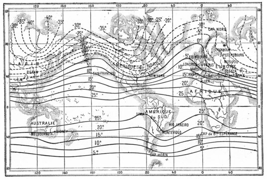 Map of isothermal lines or isothermals of winter, vintage engrav