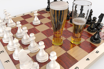 Бокалы с пивом на шахматной доске