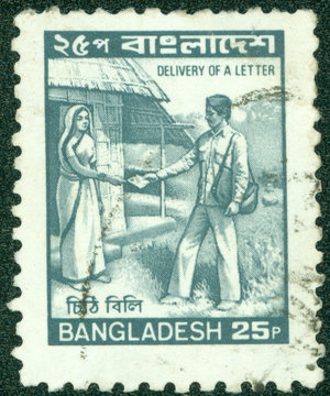 stamp shows image of the delivery of a letter