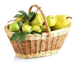 Juicy flavorful pears in basket isolated on white