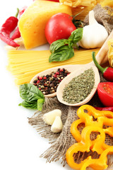 Pasta spaghetti, vegetables and spices, isolated on white