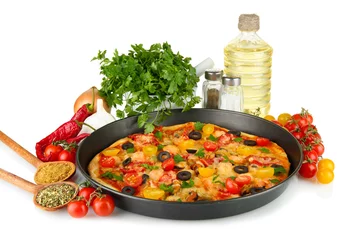 Foto auf Acrylglas colorful composition of delicious pizza, vegetables and spices © Africa Studio