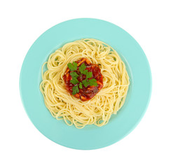 Italian spaghetti in plate isolated on white