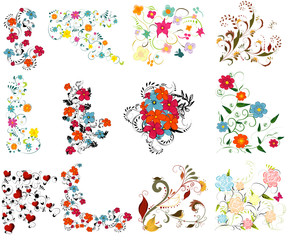 Vintage colorful design elements set . With leafs and flowers.