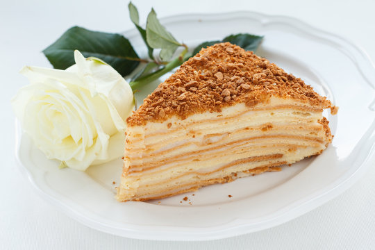 Romantic serving of Napoleon cake