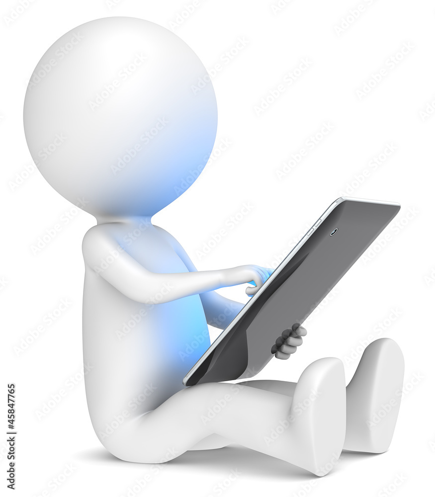 Canvas Prints 3d little human character sitting with tablet computer.