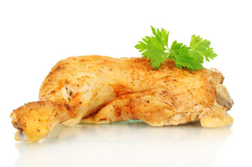 roasted chicken leg with parsley isolated on white