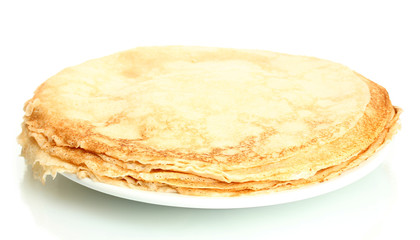 Delicious pancakes on plate isolated on white