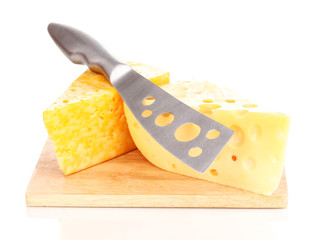 tasty cheese and knife on wooden board isolated on white
