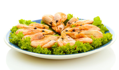 Boiled shrimps with lettuce leaves on plate, isolated on white