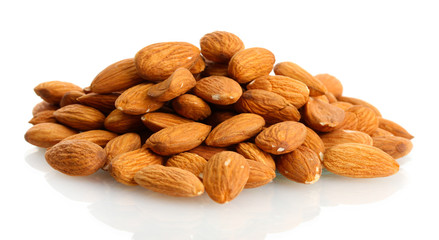tasty almonds nuts, isolated on white