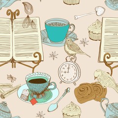 vintage morning tea background, seamless pattern for design