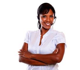 Charming call center employee smiling at you