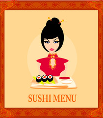 beautiful Asian girl enjoy sushi - menu template