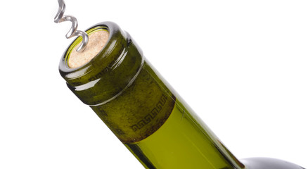 corkscrew with a bottle of wine isolated on a white background
