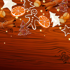 Vector gingerbread cookies and spices over wooden background
