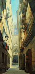 in gothic quarter of barcelona,  illustration, painting by oil o