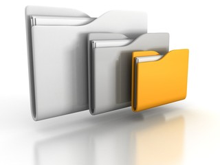 three office folders with paper on white background