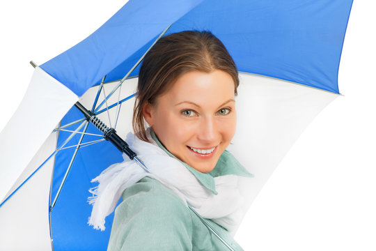 Young Woman With Umbrella Isolated On White