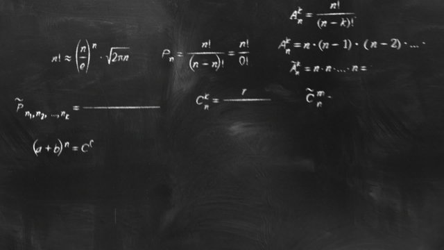 math physics formulas on chalkboard flying camera