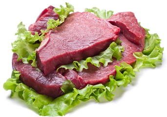 Raw meat on lettuce leaves.