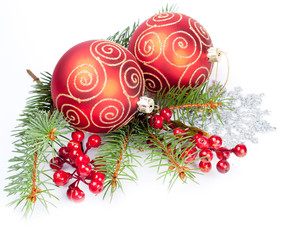 Two christmas balls with pine and decorations