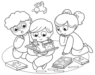  Kleurende illustratie van vrienden die samen een pop-upboek lezen. © carlafcastagno