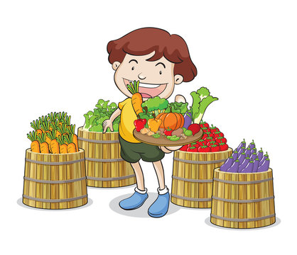 a boy and vegetables