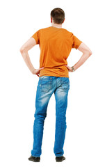 Back view of young men in  orange t-shirt
