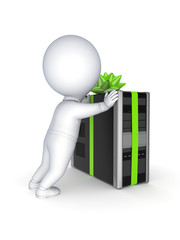 3d person and PC decorated with bow and ribbon.