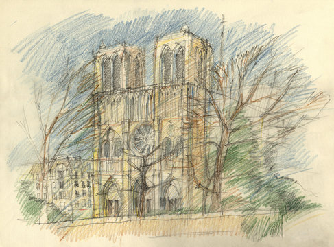 Crayon drawing of the historic facade of Notre dame, Paris